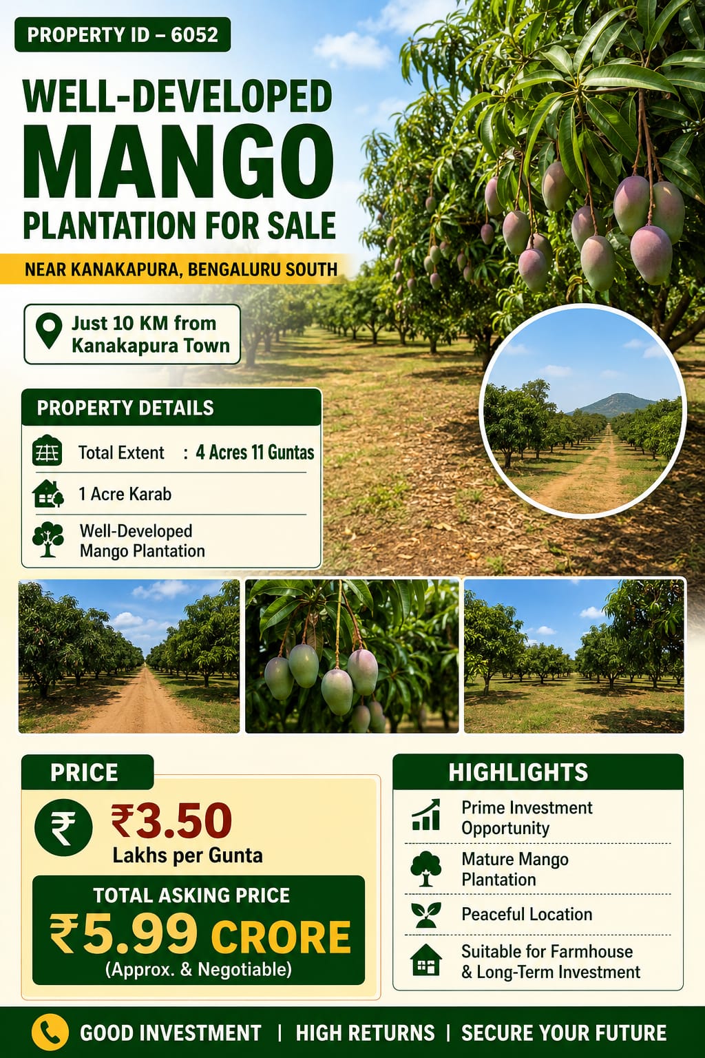 🆔 *PROPERTY ID – 6052* 🥭 *Well-Developed Mango Plantation for Sale – Near Kanakapura